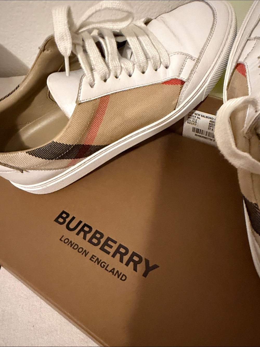 Burberry WomenWhite Leather Sneakers with Beige Check Panels